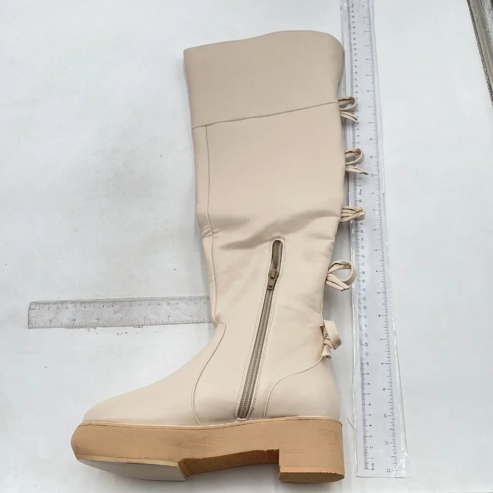 FSJ White Over The Knee Boots Round Toe Side Zipper Low Block Heel Long Booties